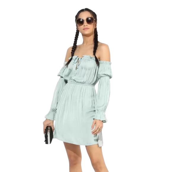 Forever 21 Green Off Shoulder Ruffle Tie Long Sleeve Elastic Waist Mini Dress M - Picture 2 of 9